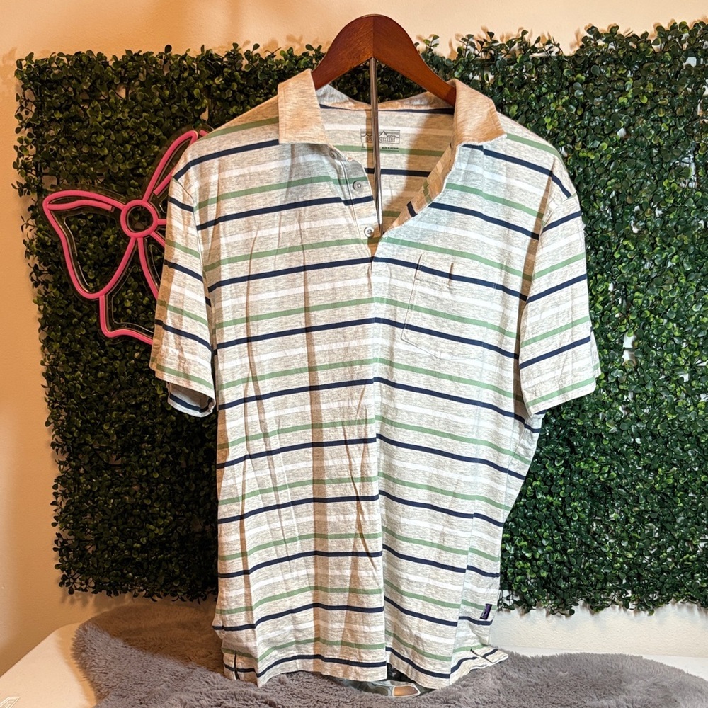 Patagonia Men's Short-Sleeve Polo in White with Green & Blue Stripes